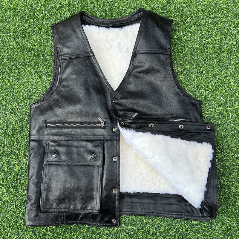 Men’s Leather Vest with Warm Lining and Multiple Utility Pockets