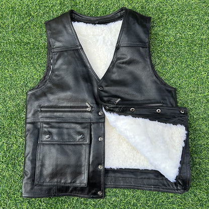Men’s Leather Vest with Warm Lining and Multiple Utility Pockets