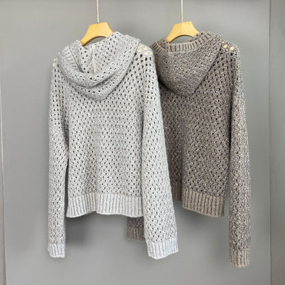 Women’s Hooded Cashmere Knit Cardigan with Sequins