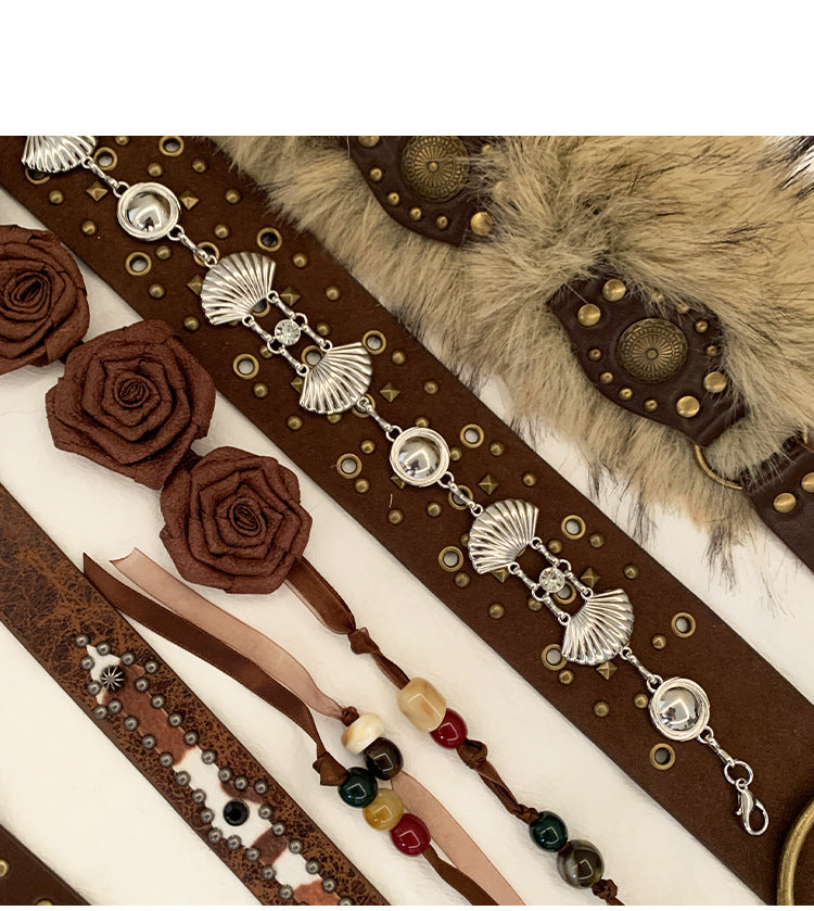 Retro western rivet belt women brown waist chain floral design
