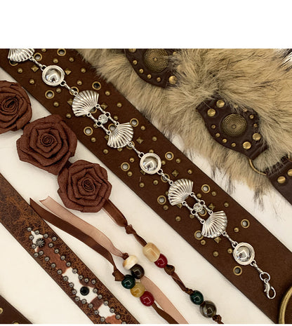 Retro western rivet belt women brown waist chain floral design