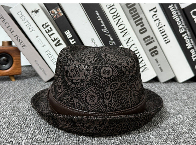 Leather jazz hat with hand-embossed design