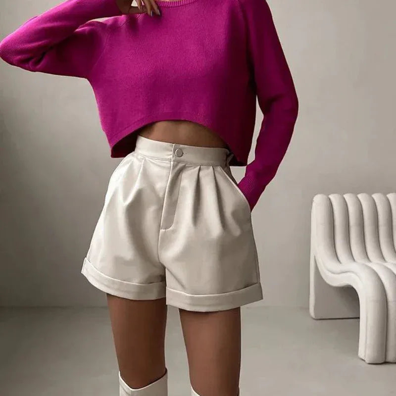 High waist pu leather a line shorts
