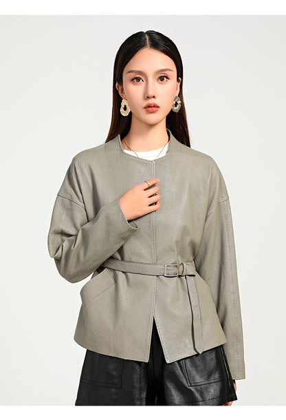 Women Leather Jacket Lychee Grain Belted Short Coat
