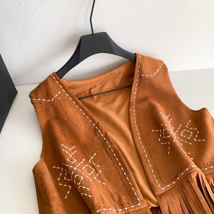 Women’s Bohemian Embroidered Fringe Suede Vest