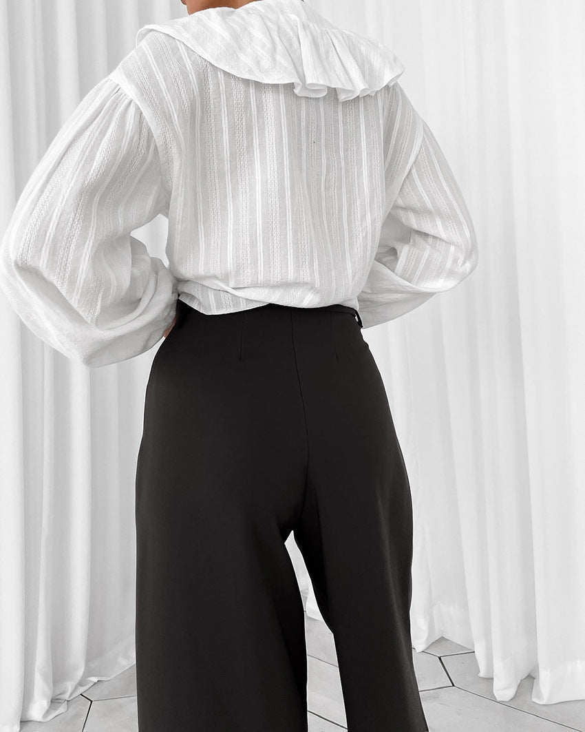 French ruffled v neck cotton blouse