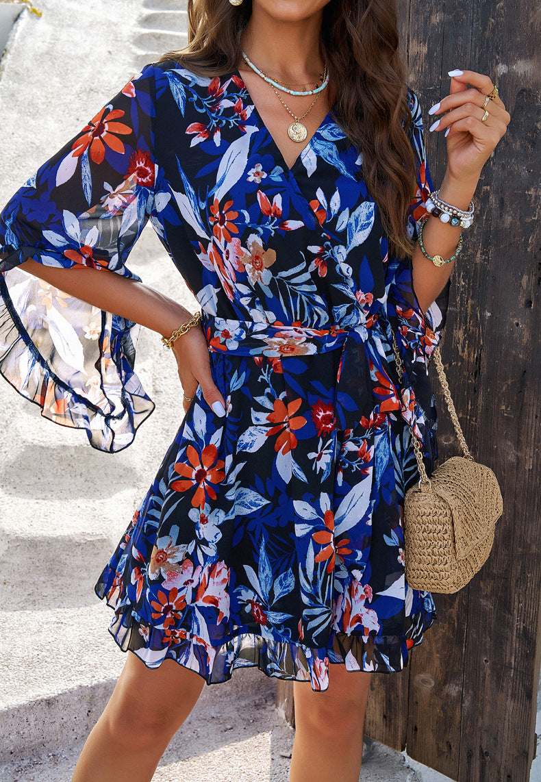 Ruffle Floral Wrap Mini Summer Dress Midnight Blue Bloom