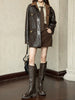 Reversible Waxed Leather Jacket Oversized Coat with Corduroy