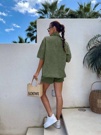 Washed Green Denim Two Piece Set – Button Shirt and Drawstring Shorts