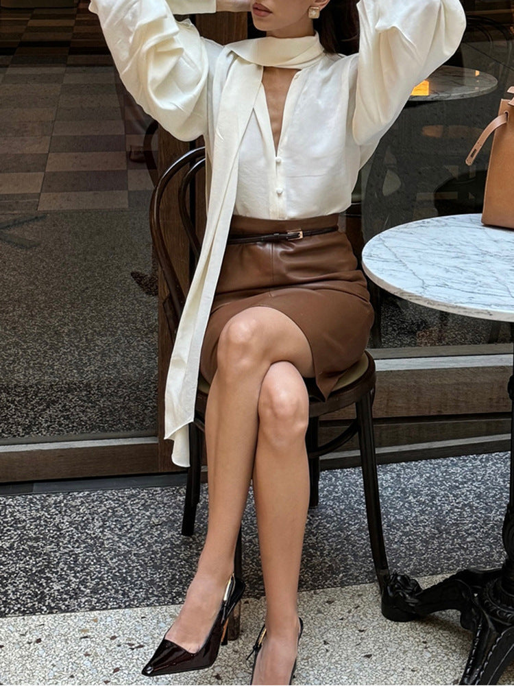 Brown Genuine Leather High Waist Skirt Women’s With Slit