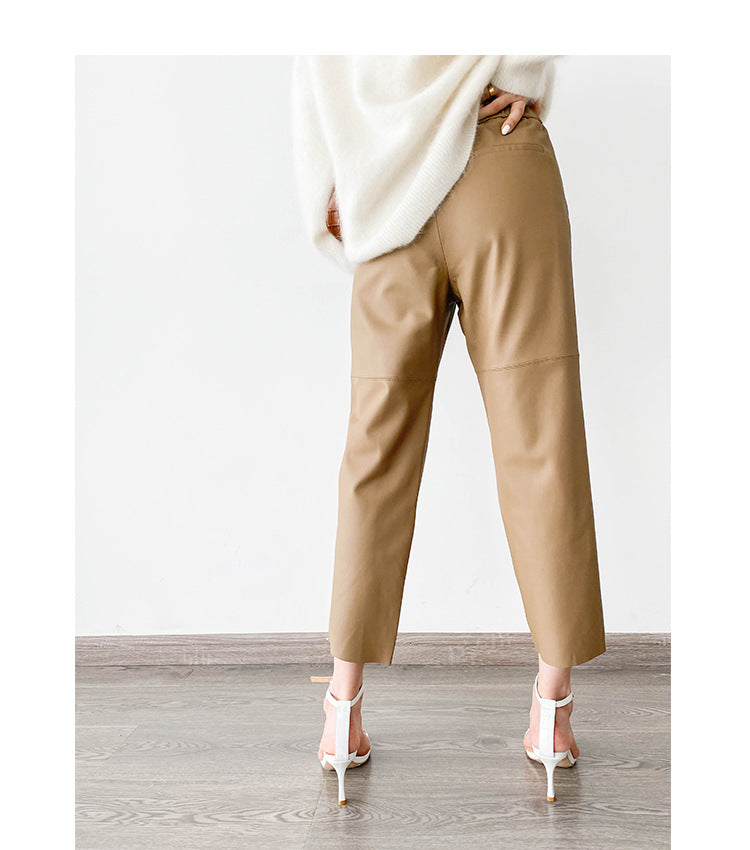 Women Italian Leather Carrot Pants Cropped Straight Leg Elastic Waist