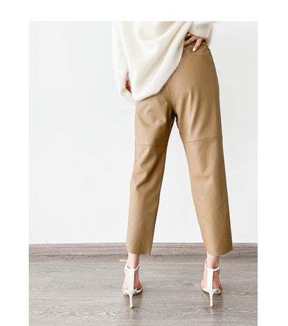 Women Italian Leather Carrot Pants Cropped Straight Leg Elastic Waist