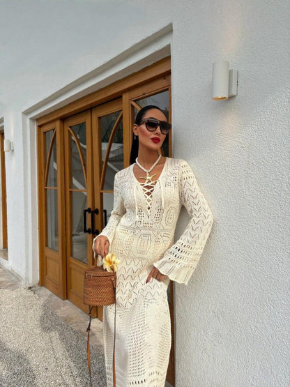 Summer knit hollow v neck beach maxi dress