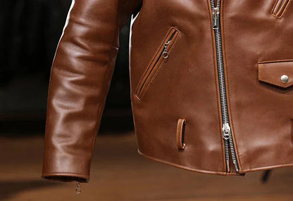 Men’s Oily Brown Waxed Cowhide Biker Jacket