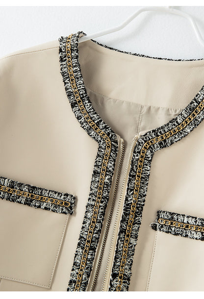 Women’s Leather Jacket with Chain Trim and Tweed Edge