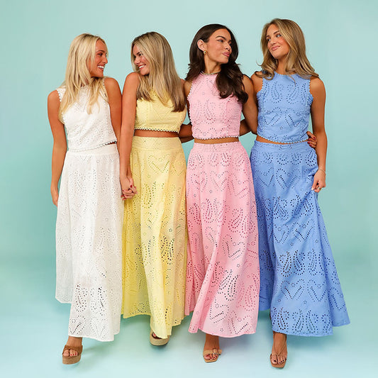 Women’s Lace Embroidered Hollow Two-Piece Midi Skirt Set