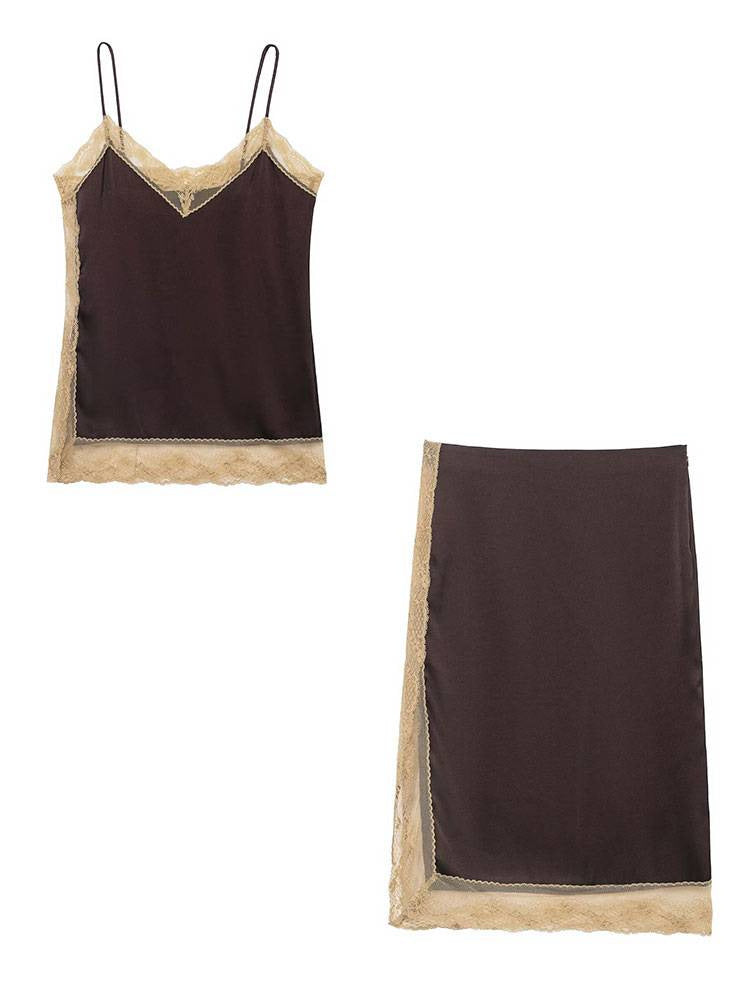 Women satin lace top and wide leg pants set