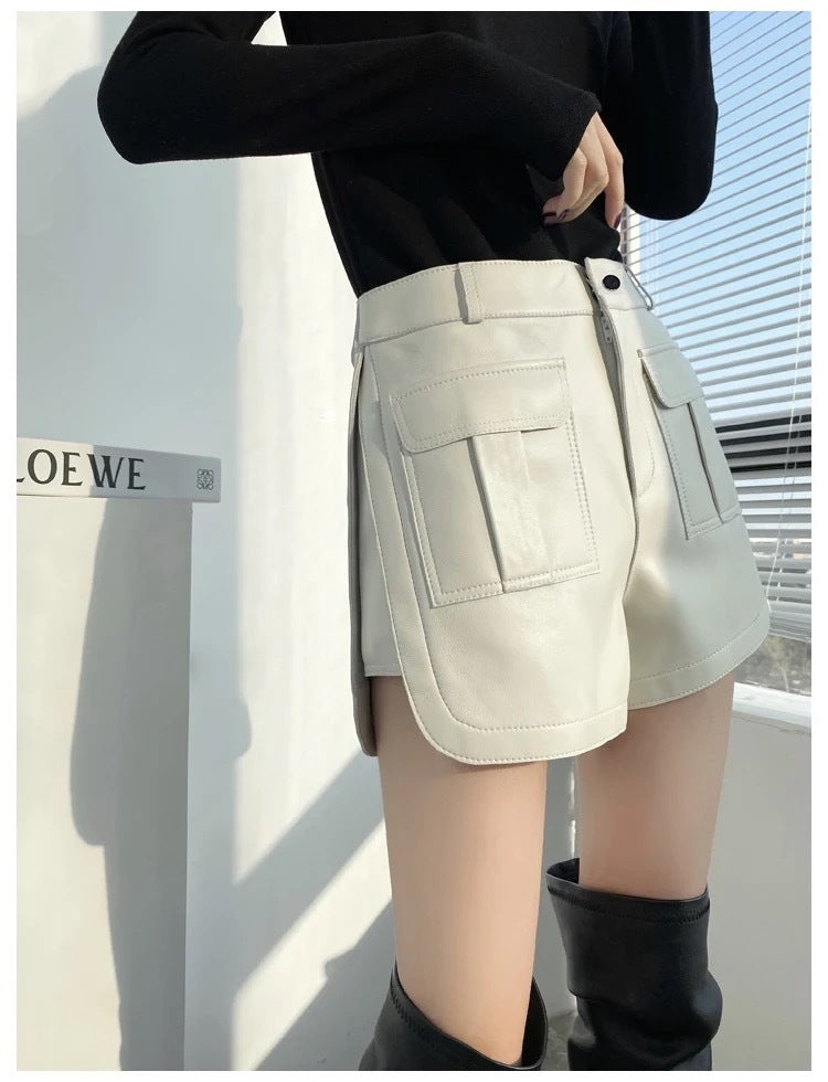 Women Genuine Leather Workwear Shorts High Waisted