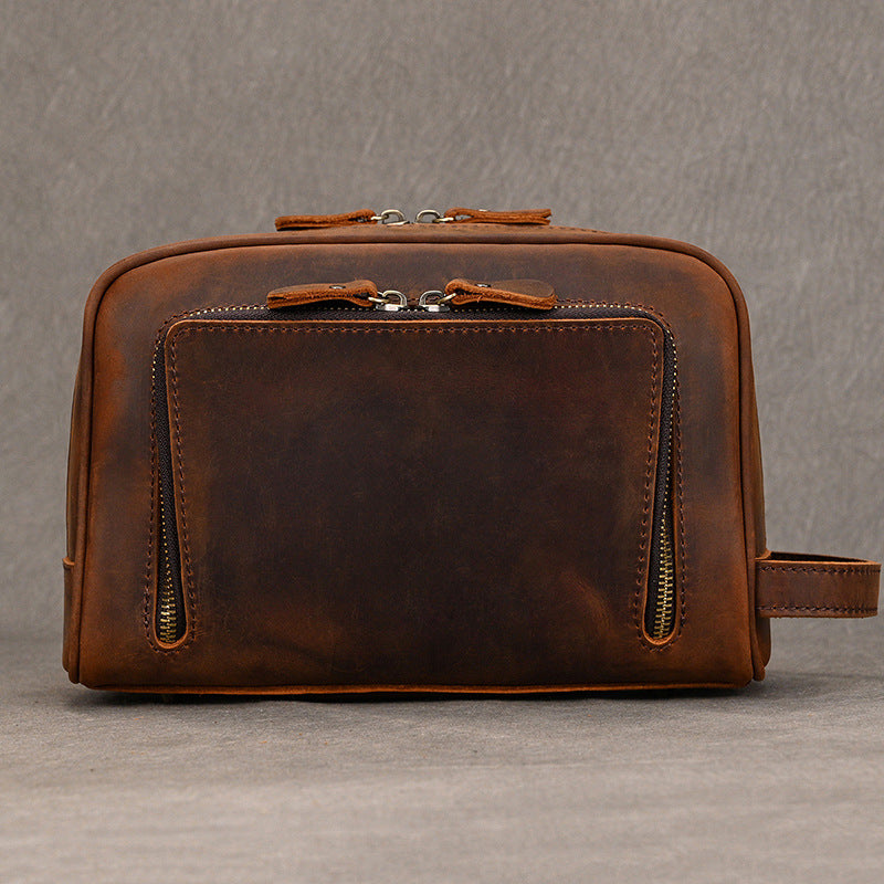 Men’s Genuine Leather Toiletry Bag with Front Zipper Pocket