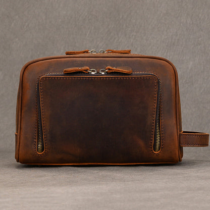 Men’s Genuine Leather Toiletry Bag with Front Zipper Pocket