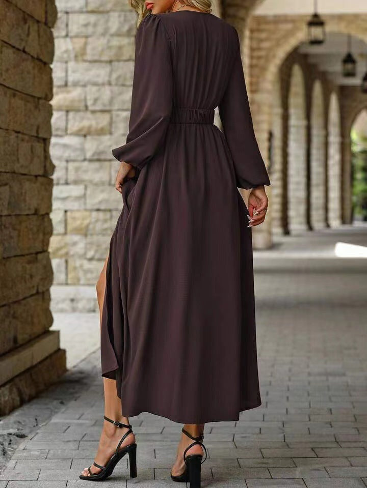 Olive Green V Neck Long Sleeve Belted High Slit Maxi Dress