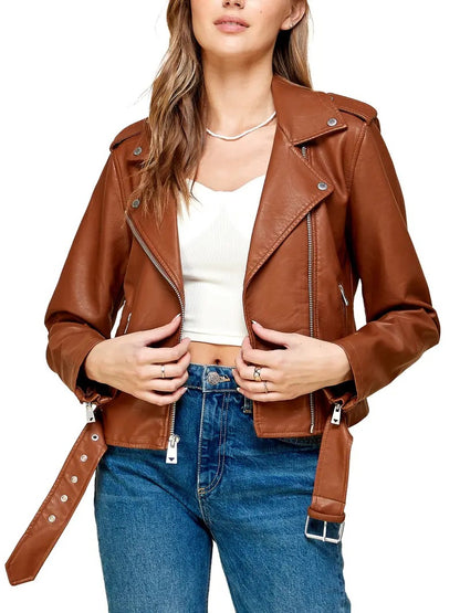 Women PU Cropped Leather Biker Jacket