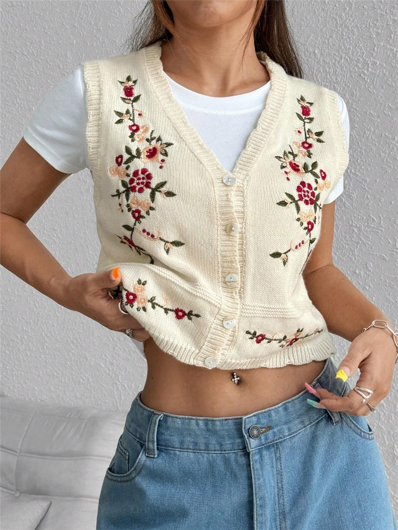 Embroidered Knitted Sweater Women’s Vest Floral Button Front Crop