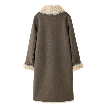 Women Reversible Faux Fur Long Coat Shearling Effect Winter Coat