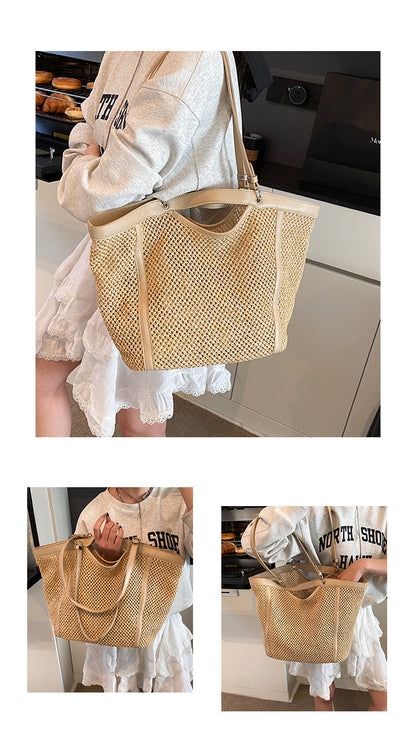 Woven Straw Beach Bag with PU Leather Trim