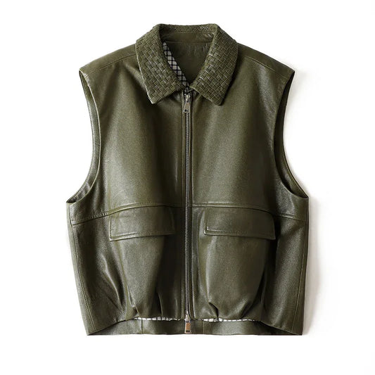 Women Genuine Leather Workwear Vest With Woven Collar