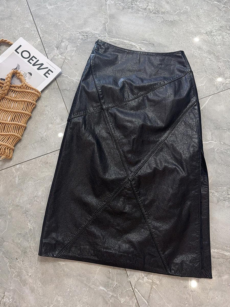 Women’s Genuine Leather High Waist Midi Skirt with Slit Black S