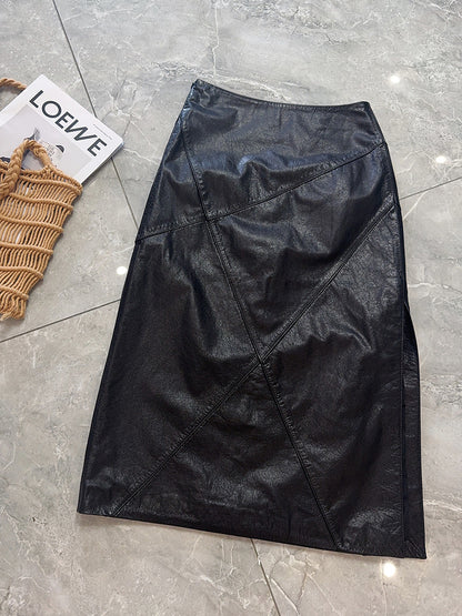 Women’s Genuine Leather High Waist Midi Skirt with Slit