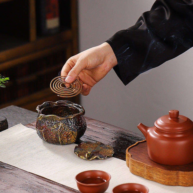 Coil Incense Burner with Brass Body and Removable Floral Lid