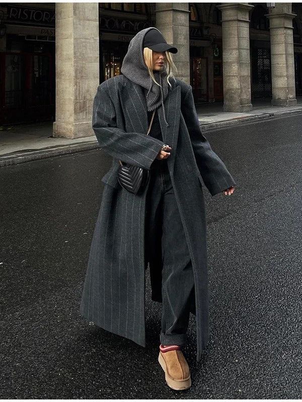 Striped wool long suit jacket coat