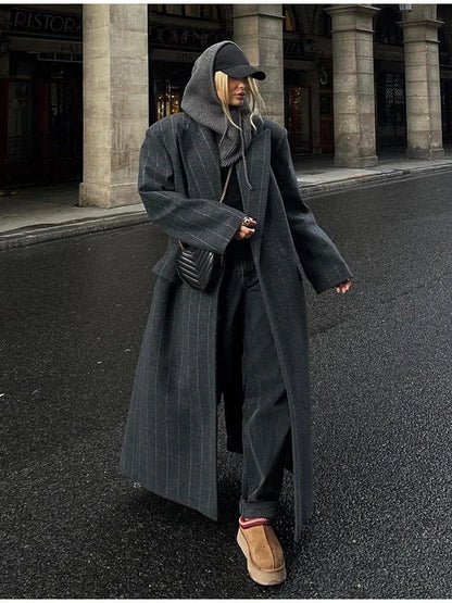 Striped wool long suit jacket coat