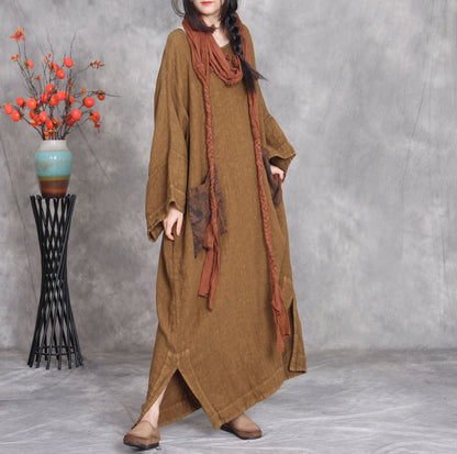 Plus size linen maxi dress loose long sleeve with pockets