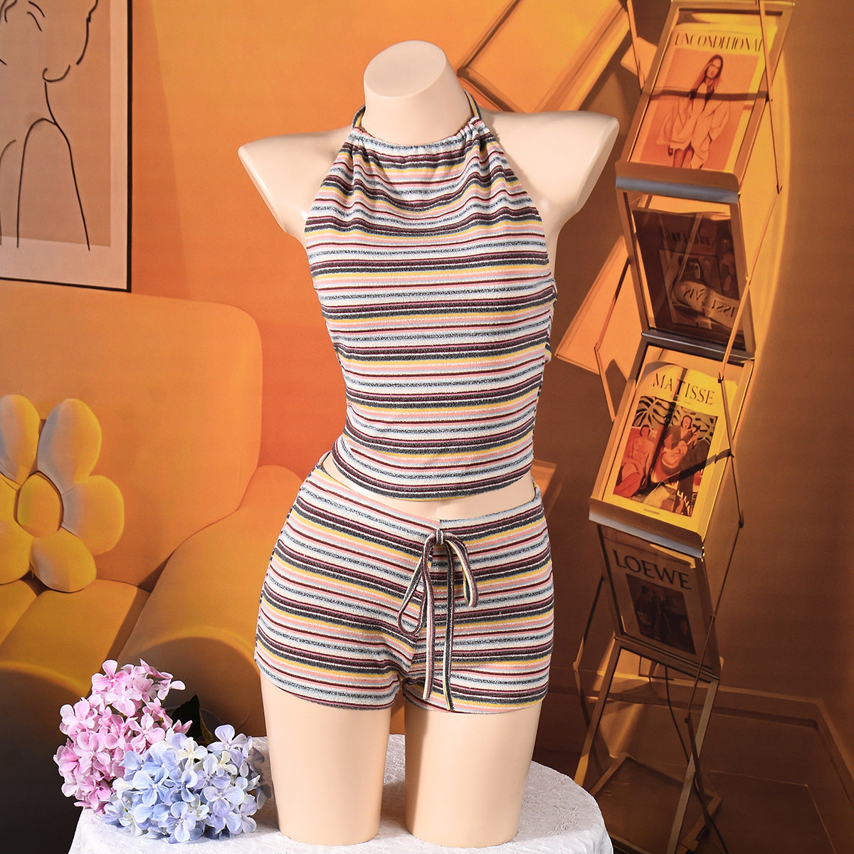Striped halter backless shorts set