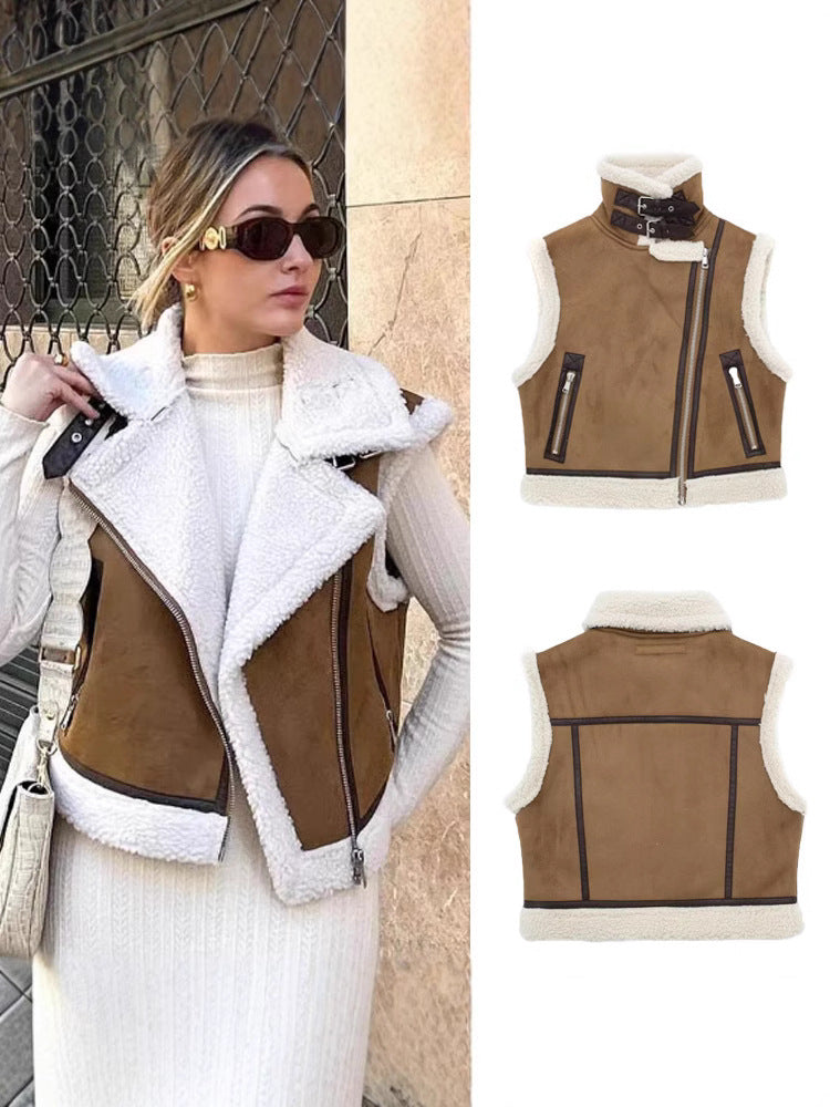 Double sided faux shearling biker vest women