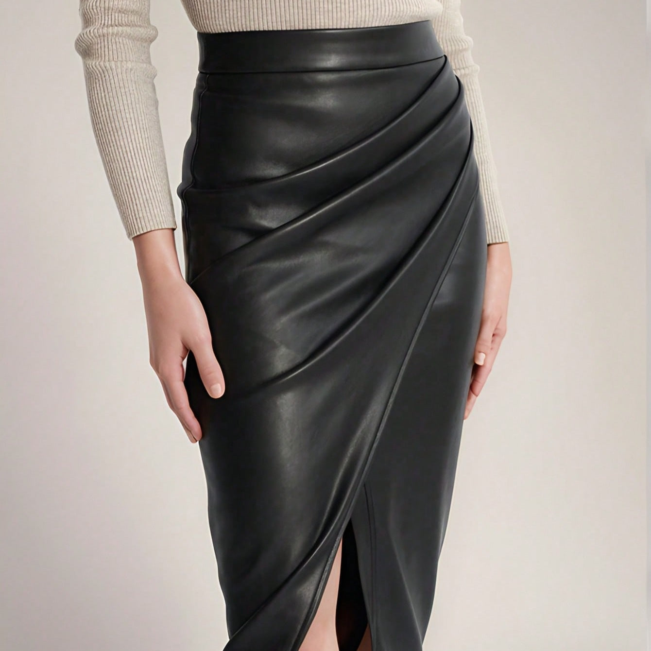 High Waisted PU Leather Wrap Skirt with Slit