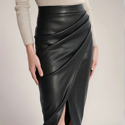 High Waisted PU Leather Wrap Skirt with Slit