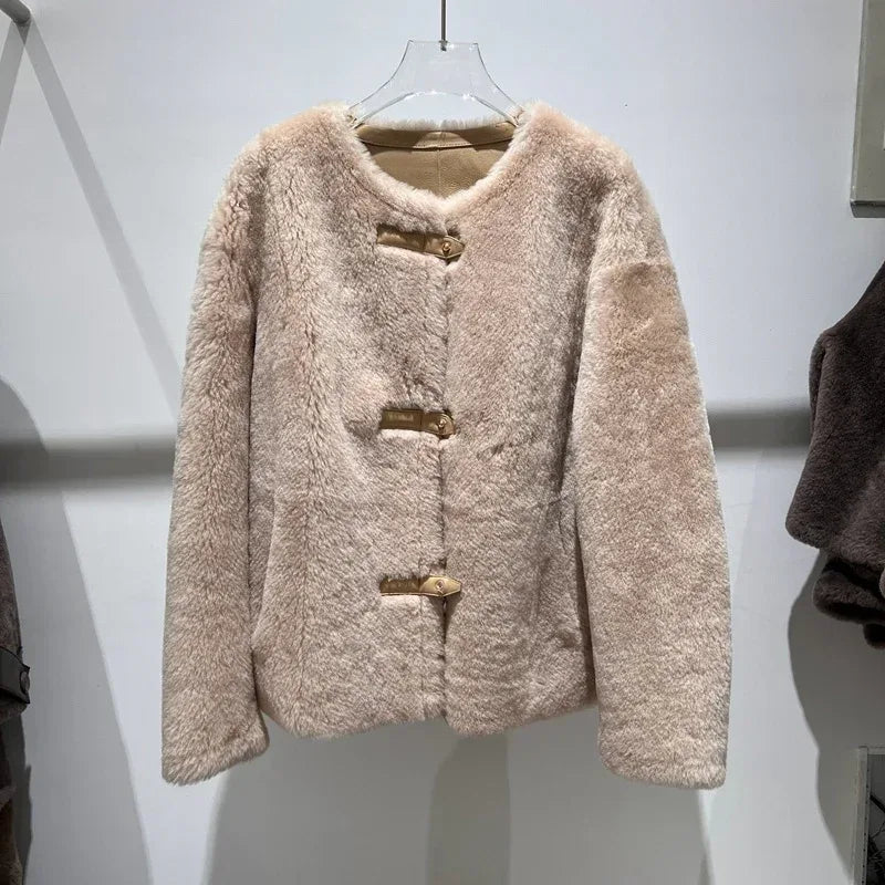 Women Leather Real Fur Coat Short Shearling Round Neck Jacket 3 M