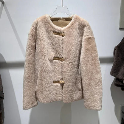 Women Leather Real Fur Coat Short Shearling Round Neck Jacket 3 M