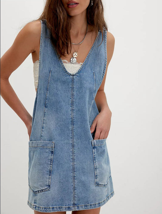 Denim Pinafore Overall Dress with Pockets