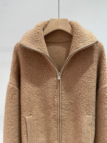 Women Stand Collar Cashmere Zip Sweater Yarn Knit