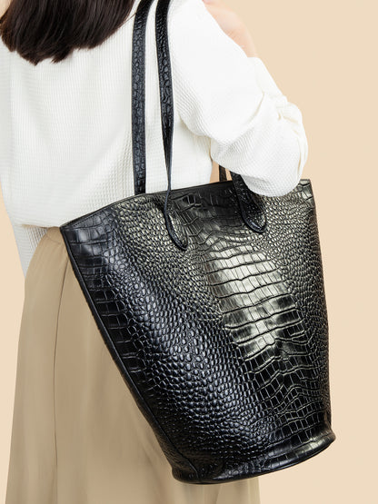 Black Leather Cylindrical Tote Shoulder Bag Crocodile Pattern
