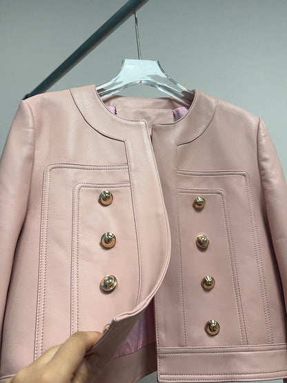 Women Cropped Leather Jacket Round Neck with Gold Buttons