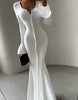 White button front bodycon maxi dress with flared cuffs