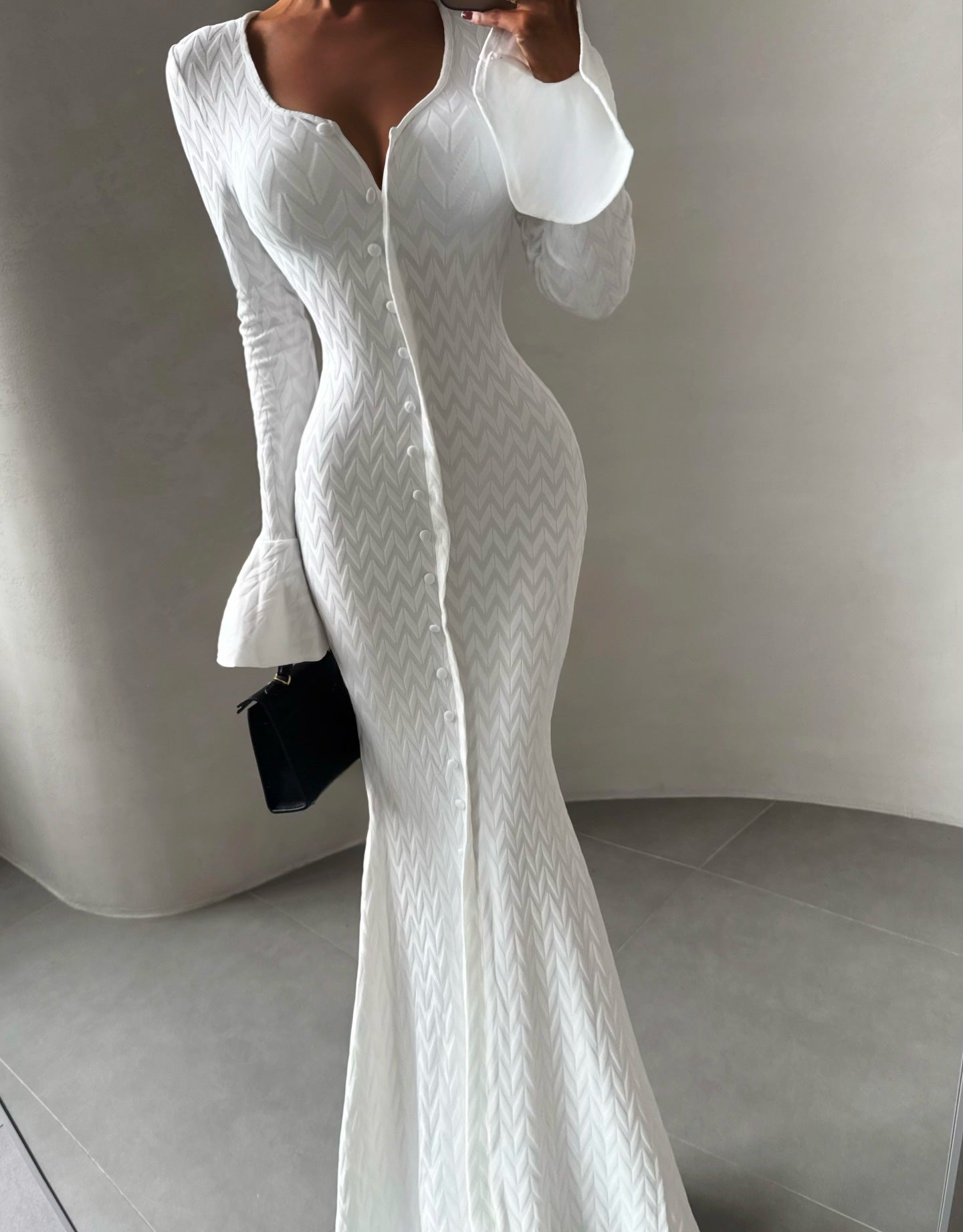 White button front bodycon maxi dress with flared cuffs