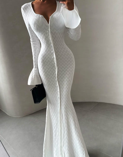 White button front bodycon maxi dress with flared cuffs