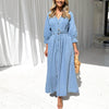 Denim Long Dress Women Button Front Belted V Neck Midi